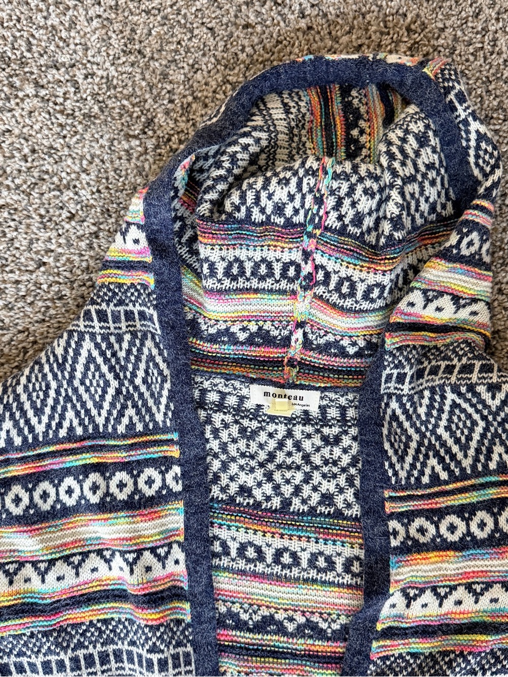 Women’s Hooded Knit Cardigan Sweater - Navy with Multicolor Fair Isle - Picture 2 of 5